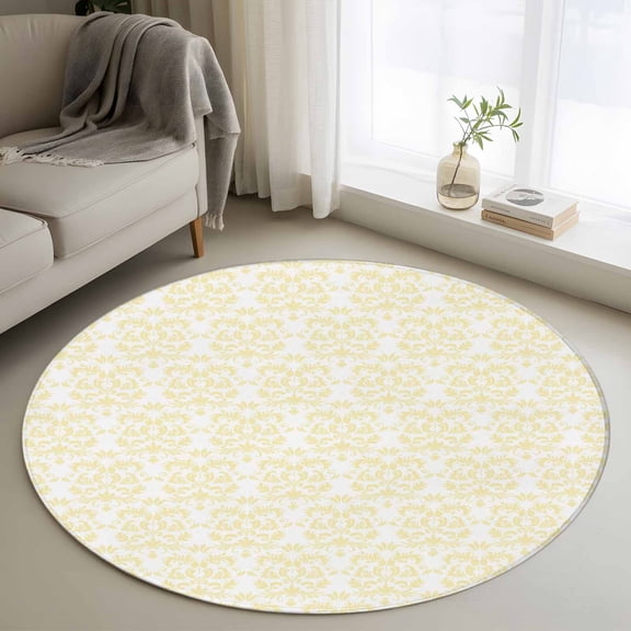 Round Rugs 3Ft, Yellow Baroque Round Area Rug Washable Indoor Throw Carpet, Abstract Art Floral Pattern Small Non Slip Circle Rug for Bedroom Living Room Home Decor Aesthetic