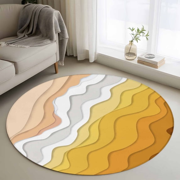Round Rugs 3Ft, Yellow Coastal Beach Round Area Rug Washable Indoor Throw Carpet, Farmhouse Simple Sea Waves Lines Small Non Slip Circle Rug for Bedroom Living Room Home Decor Aesthetic