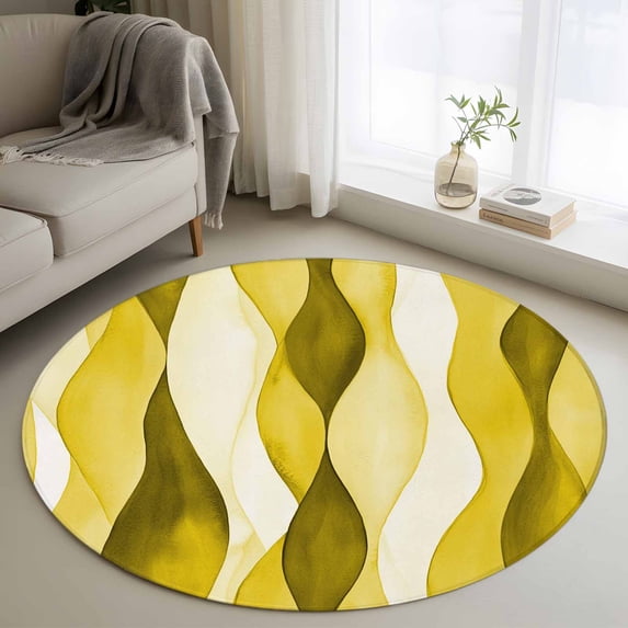 Round Rugs 3Ft, Yellow Stripes Round Area Rug Washable Indoor Throw Carpet, Retro Farmhouse Gradient Ripple Pattern Small Non Slip Circle Rug for Bedroom Living Room Home Decor Aesthetic