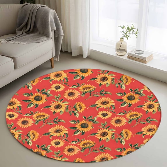 Round Rugs 3Ft, Yellow Sunflower Round Area Rug Washable Indoor Throw Carpet, Vintage Floral Garden Pastoral Botanical Small Non Slip Circle Rug for Bedroom Living Room Home Decor Aesthetic
