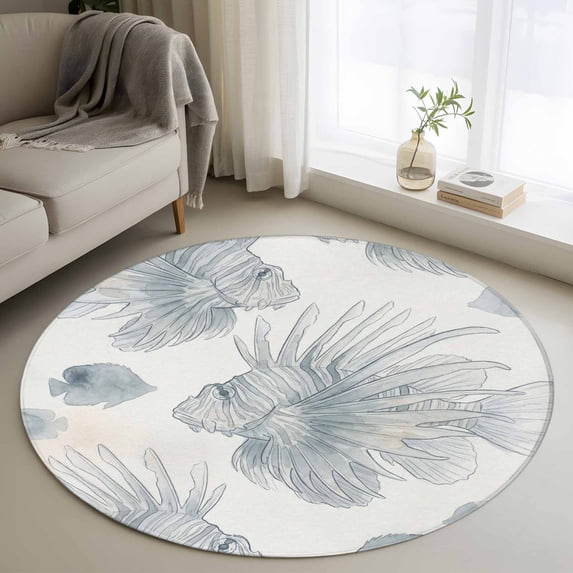 Round Rugs 4 Ft, Beach Coastal Fish Non Slip Area Rugs for Kitchen Bedroom Entryway, Watercolor Sea Ocean Nautical Washable Carpet Runner Rug Floor Mats for Bedroom Home Decor