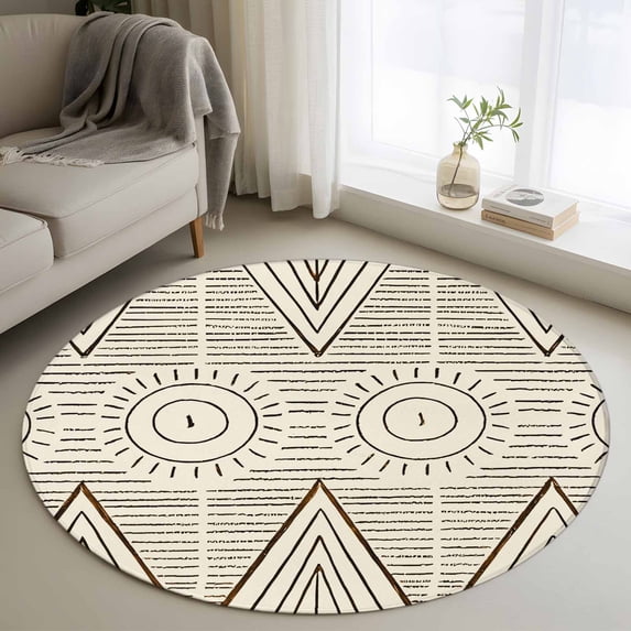 Round Rugs 4 Ft, Black Beige Boho Non Slip Area Rugs for Kitchen Bedroom Entryway, Vintage Ethnic Tribe Abstract Art Washable Carpet Runner Rug Floor Mats for Bedroom Home Decor