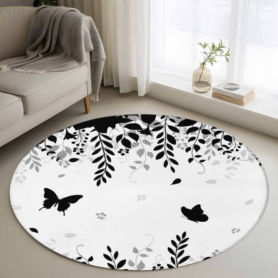 Round Rugs 4 Ft, Black Spring Botanical Non Slip Area Rugs for Kitchen Bedroom Entryway, Weeping Eucalyptus Butterfly Washable Carpet Runner Rug Floor Mats for Bedroom Home Decor
