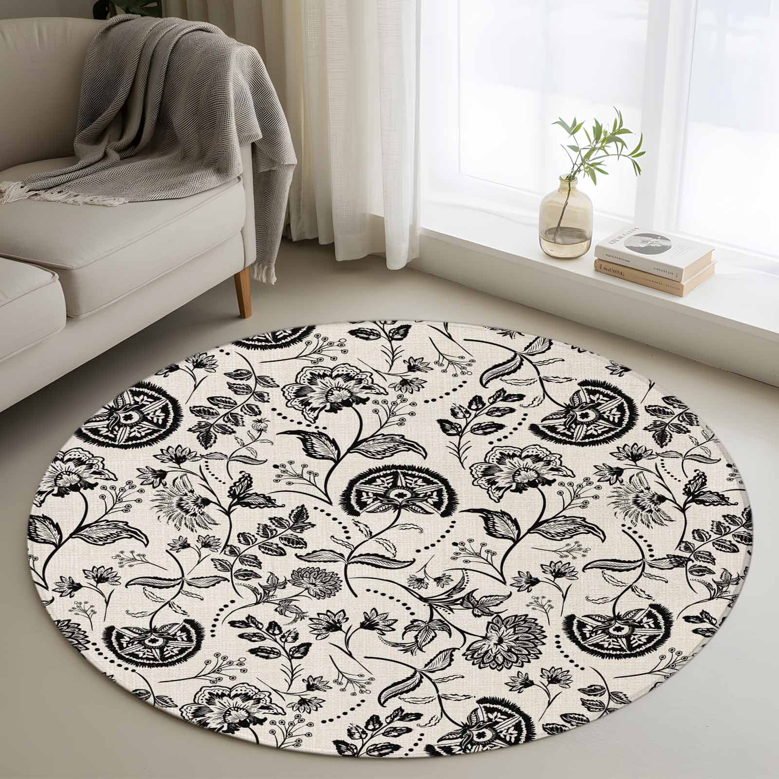 Ricky Rug 4 Round Rugs 4 Ft, Black Spring Floral Non Slip Area Rugs for Kitchen ...