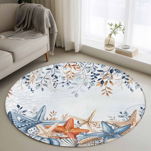 Round Rugs 4 Ft, Blue Coastal Non Slip Area Rugs for Kitchen Bedroom Entryway, Summer Beach Starfish Weeping Eucalyptus Ombre Washable Carpet Runner Rug Floor Mats for Bedroom Home Decor