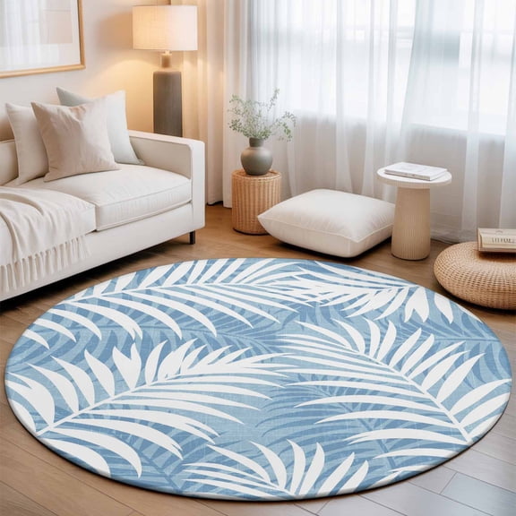 Round Rugs 4 Ft, Blue Palm Leaf Non Slip Area Rugs for Kitchen Bedroom Entryway, Summer Coastal Botanical Tropical Washable Carpet Runner Rug Floor Mats for Bedroom Home Decor