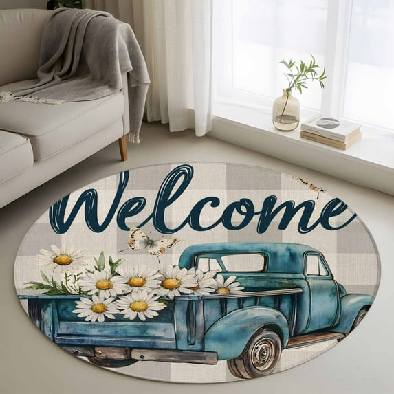 Round Rugs 4 Ft, Blue Truck Spring Floral Non Slip Area Rugs for Kitchen Bedroom Entryway, Grey Plaid Butterflies Vintage Washable Carpet Runner Rug Floor Mats for Bedroom Home Decor