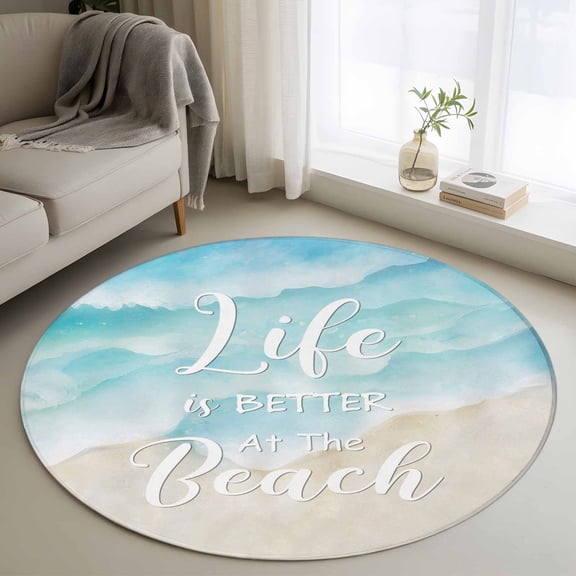 Round Rugs 4 Ft, Blue Waves Non Slip Area Rugs for Kitchen Bedroom Entryway, Summer Beach Washable Carpet Runner Rug Floor Mats for Bedroom Home Decor Coastal Nautical Ocean