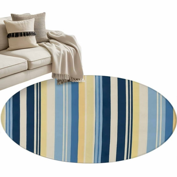 Round Rugs 4 Ft, Blue Yellow Striped Non Slip Area Rugs for Kitchen Bedroom Entryway, Farmhouse Stripes Vintage Washable Carpet Runner Rug Floor Mats for Bedroom Home Decor