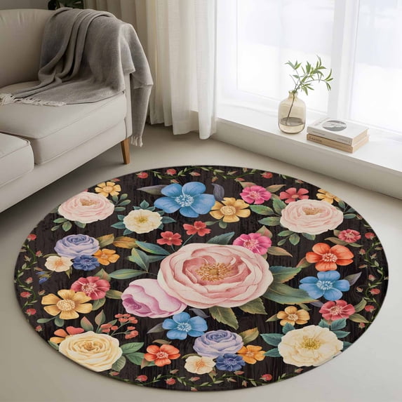 Round Rugs 4 Ft, Boho Pink Flower Non Slip Area Rugs for Kitchen Bedroom Entryway, Spring Watercolor Country Floral Plant Washable Carpet Runner Rug Floor Mats for Bedroom Home Decor