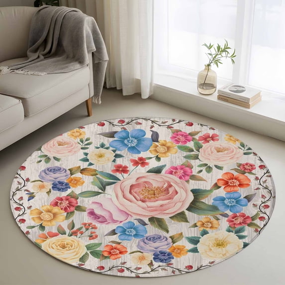 Round Rugs 4 Ft, Boho Pink Flowers Non Slip Area Rugs for Kitchen Bedroom Entryway, Colorful Floral Spring Vintage Botanical Washable Carpet Runner Rug Floor Mats for Bedroom Home Decor