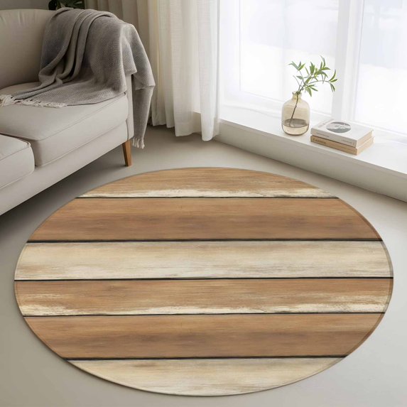 Round Rugs 4 Ft, Brown Khaki Wooden Non Slip Area Rugs for Kitchen Bedroom Entryway, Vintage Farmhouse Retro Art Washable Carpet Runner Rug Floor Mats for Bedroom Home Decor
