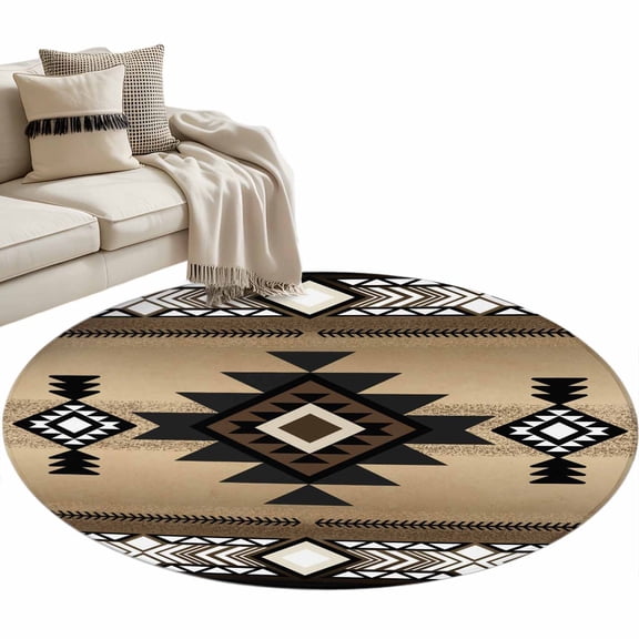Round Rugs 4 Ft, Brown Southwest Non Slip Area Rugs for Kitchen Bedroom Entryway, Farmhouse Boho Aztec Geometric Neutral Washable Carpet Runner Rug Floor Mats for Bedroom Home Decor