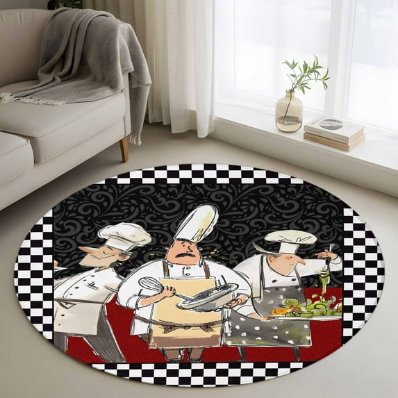 Round Rugs 4 Ft, Chef Non Slip Area Rugs for Kitchen Bedroom Entryway, Cartoon Cute Watercolor Cooking Black Plaid Washable Carpet Runner Rug Floor Mats for Bedroom Home Decor