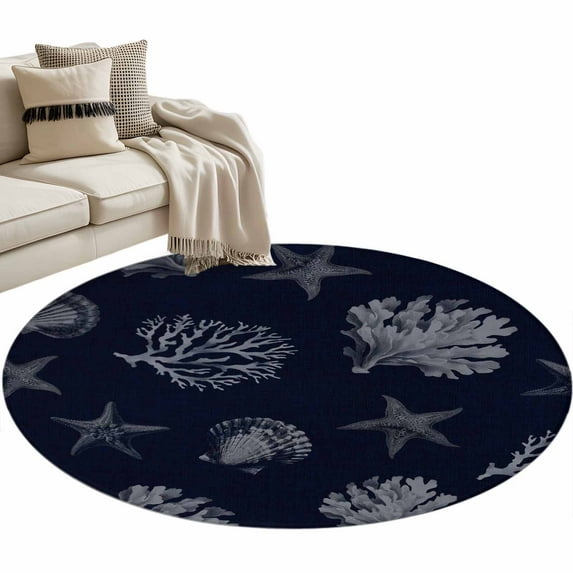 Round Rugs 4 Ft, Coral Coastal Non Slip Area Rugs for Kitchen Bedroom Entryway, Watercolor Beach Nautical Shells Starfish Washable Carpet Runner Rug Floor Mats for Bedroom Home Decor