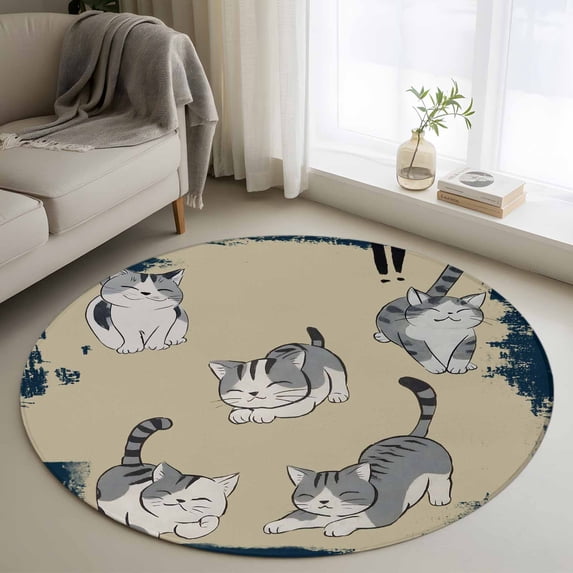 Round Rugs 4 Ft, Cute Cat Non Slip Area Rugs for Kitchen Bedroom Entryway, Navy Blue Beige Vintage Animal Washable Carpet Runner Rug Floor Mats for Bedroom Home Decor