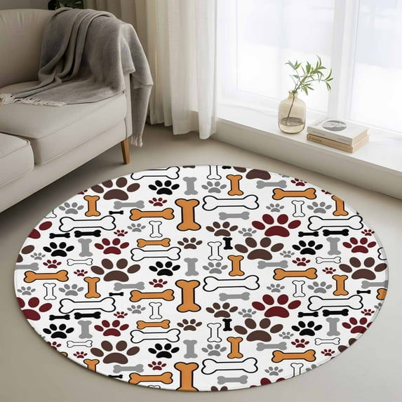 Round Rugs 4 Ft, Dog Claws Non Slip Area Rugs for Kitchen Bedroom Entryway, Pet Cat Cartoon Cute Animal Bone Pawprints Washable Carpet Runner Rug Floor Mats for Bedroom Home Decor