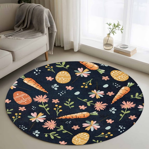 Round Rugs 4 Ft, Easter Eggs Non Slip Area Rugs for Kitchen Bedroom Entryway, Carrots Spring Daisy Botanical Rustic Dark Blue Washable Carpet Runner Rug Floor Mats for Bedroom Home Decor