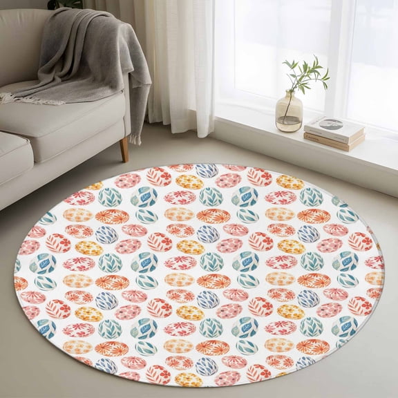 Round Rugs 4 Ft, Easter Eggs Non Slip Area Rugs for Kitchen Bedroom Entryway, Watercolor Spring Flowers Leaves Patterned Washable Carpet Runner Rug Floor Mats for Bedroom Home Decor