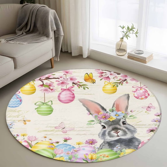 Round Rugs 4 Ft, Easter Grey Bunny Non Slip Area Rugs for Kitchen Bedroom Entryway, Spring Vintage Colorful Eggs Flower Washable Carpet Runner Rug Floor Mats for Bedroom Home Decor