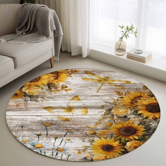 Round Rugs 4 Ft, Farmhouse Sunflower Non Slip Area Rugs for Kitchen Bedroom Entryway, Vintage Daisy Butterflies Rustic Wood Washable Carpet Runner Rug Floor Mats for Bedroom Home Decor