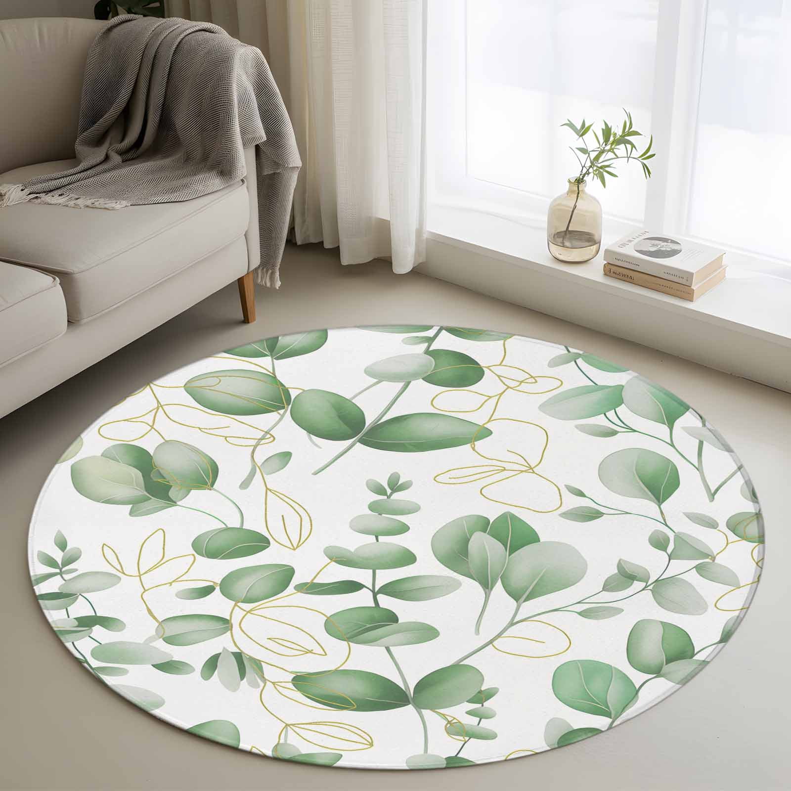 Round Rugs 4 Ft, Green Eucalyptus Leaves Non Slip Area Rugs for Kitchen ...