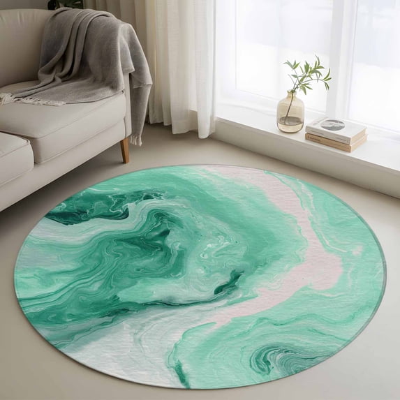 Round Rugs 4 Ft, Green Marble Non Slip Area Rugs for Kitchen Bedroom Entryway, Summer Ocean Wave Green Ombre Washable Carpet Runner Rug Floor Mats for Bedroom Home Decor