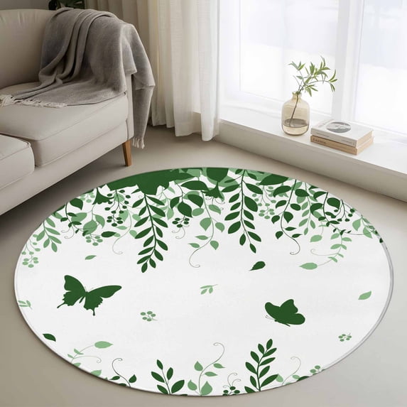 Round Rugs 4 Ft, Green Spring Botanical Non Slip Area Rugs for Kitchen Bedroom Entryway, Weeping Eucalyptus Butterfly Washable Carpet Runner Rug Floor Mats for Bedroom Home Decor
