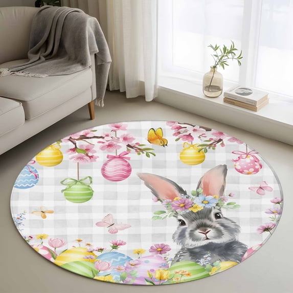 Round Rugs 4 Ft, Grey Easter Bunny Non Slip Area Rugs for Kitchen Bedroom Entryway, Spring Colorful Eggs Flower Branch Plaid Washable Carpet Runner Rug Floor Mats for Bedroom Home Decor