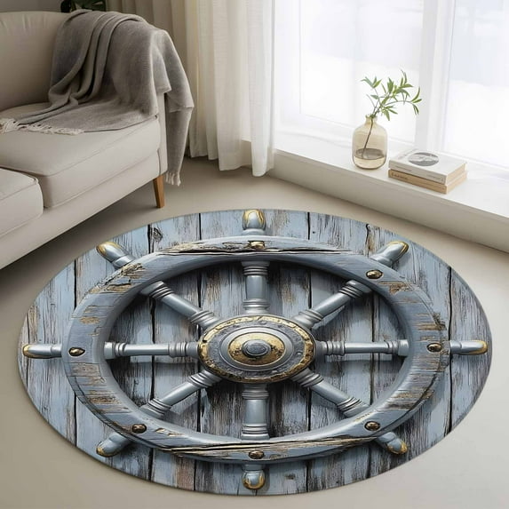 Round Rugs 4 Ft, Grey Rudder Coastal Non Slip Area Rugs for Kitchen Bedroom Entryway, Summer Nautical Beach Retro Washable Carpet Runner Rug Floor Mats for Bedroom Home Decor