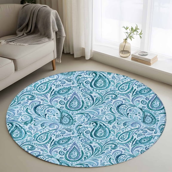 Round Rugs 4 Ft, Light Blue Teal Non Slip Area Rugs for Kitchen Bedroom Entryway, Retro Botanical Abstract Art Washable Carpet Runner Rug Floor Mats for Bedroom Home Decor