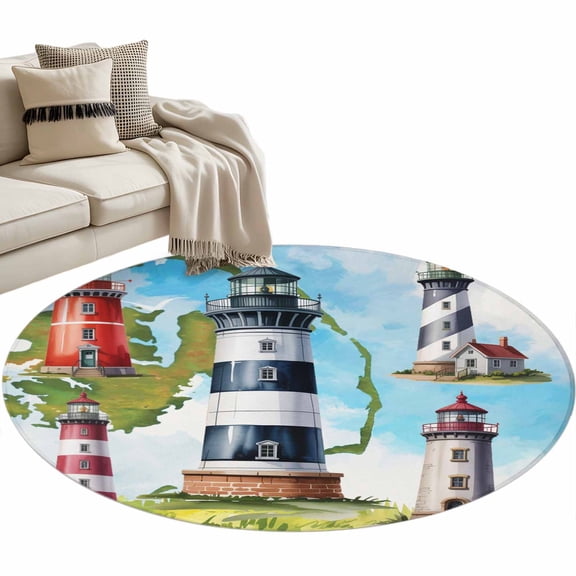 Round Rugs 4 Ft, Lighthouse Non Slip Area Rugs for Kitchen Bedroom Entryway, Red Black Summer Oil Painting Ocean Beach Washable Carpet Runner Rug Floor Mats for Bedroom Home Decor