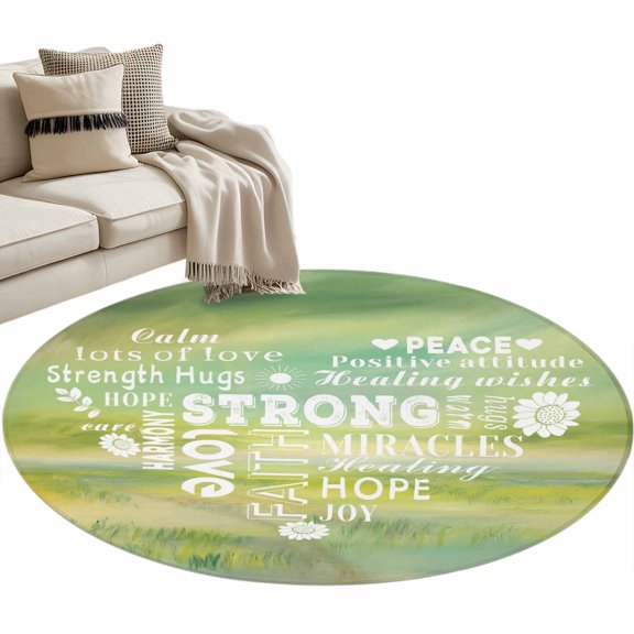 Round Rugs 4 Ft, Love Peace Text Non Slip Area Rugs for Kitchen Bedroom Entryway, Green Inspirational Quotes Sunflowers Washable Carpet Runner Rug Floor Mats for Bedroom Home Decor