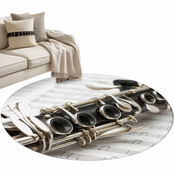 Round Rugs 4 Ft, Musical Instrument Non Slip Area Rugs for Kitchen Bedroom Entryway, Saxophone Sheet Music Elegant Art Washable Carpet Runner Rug Floor Mats for Bedroom Home Decor