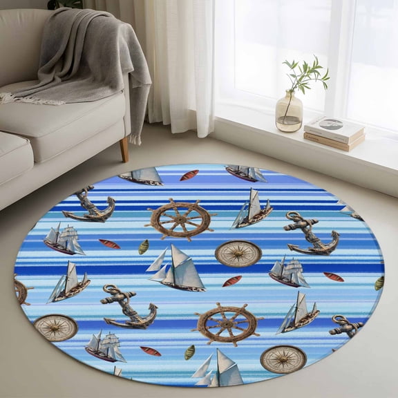 Round Rugs 4 Ft, Nautical Anchor Compass Non Slip Area Rugs for Kitchen Bedroom Entryway, Coastal Blue Striped Washable Carpet Runner Rug Floor Mats for Bedroom Home Decor