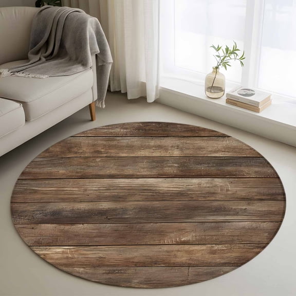 Round Rugs 4 Ft, Old Wooden Board Non Slip Area Rugs for Kitchen Bedroom Entryway, Country Farmhouse Wooden Planks Brown Washable Carpet Runner Rug Floor Mats for Bedroom Home Decor