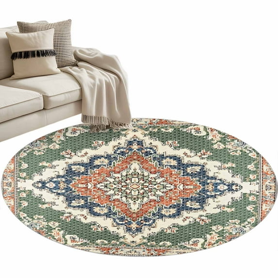 Round Rugs 4 Ft, Orange Green Boho Non Slip Area Rugs for Kitchen Bedroom Entryway, Medieval Vintage Ethnic Floral Abstract Washable Carpet Runner Rug Floor Mats for Bedroom Home Decor