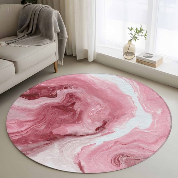 Round Rugs 4 Ft, Pink Marble Non Slip Area Rugs for Kitchen Bedroom Entryway, Summer Ocean Wave Red Ombre Washable Carpet Runner Rug Floor Mats for Bedroom Home Decor