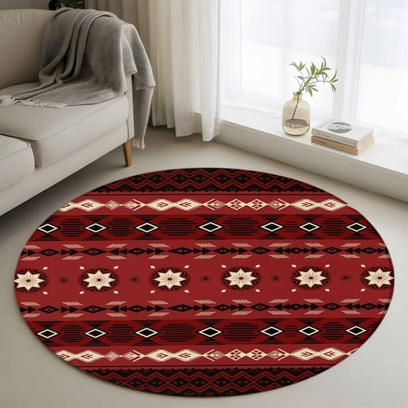 Round Rugs 4 Ft, Red Black Boho Non Slip Area Rugs for Kitchen Bedroom Entryway, Vintage Washable Carpet Runner Rug Floor Mats for Bedroom Home Decor Ethnic Tribe Abstract Art Retro