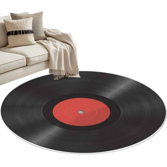 Round Rugs 4 Ft, Retro Record Non Slip Area Rugs for Kitchen Bedroom Entryway, Abstract Vintage Minimalist Art Washable Carpet Runner Rug Floor Mats for Bedroom Home Decor