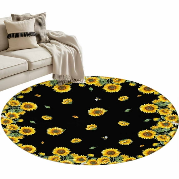 Round Rugs 4 Ft, Sunflower Black Non Slip Area Rugs for Kitchen Bedroom Entryway, Watercolor Floral Vintage Farmhouse Washable Carpet Runner Rug Floor Mats for Bedroom Home Decor