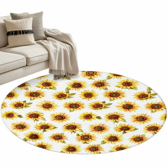 Round Rugs 4 Ft, Sunflowers Fall Non Slip Area Rugs for Kitchen Bedroom Entryway, Thanksgiving Botanical Floral Watercolor Washable Carpet Runner Rug Floor Mats for Bedroom Home Decor