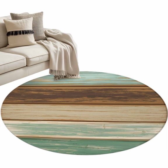 Round Rugs 4 Ft, Teal Brown Non Slip Area Rugs for Kitchen Bedroom Entryway, Farmhouse Rustic Wooden Plank Board Washable Carpet Runner Rug Floor Mats for Bedroom Home Decor