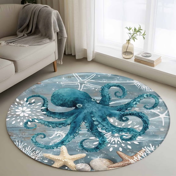 Round Rugs 4 Ft, Teal Coastal Octopus Non Slip Area Rugs for Kitchen Bedroom Entryway, Nautical Starfish Coral Beach Washable Carpet Runner Rug Floor Mats for Bedroom Home Decor