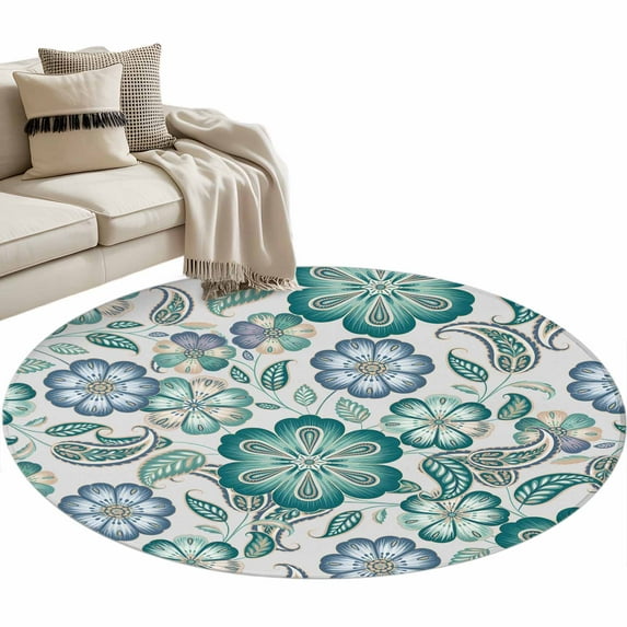 Round Rugs 4 Ft, Teal Paisley Pattern Non Slip Area Rugs for Kitchen Bedroom Entryway, Boho Ethnic Floral Traditional Washable Carpet Runner Rug Floor Mats for Bedroom Home Decor