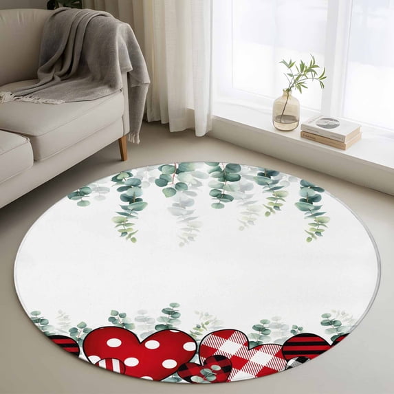 Round Rugs 4 Ft, Valentine's Day Non Slip Area Rugs for Kitchen Bedroom Entryway, Love Heart Eucalyptus Leaves Summer Botanical Washable Carpet Runner Rug Floor Mats for Bedroom Home Decor