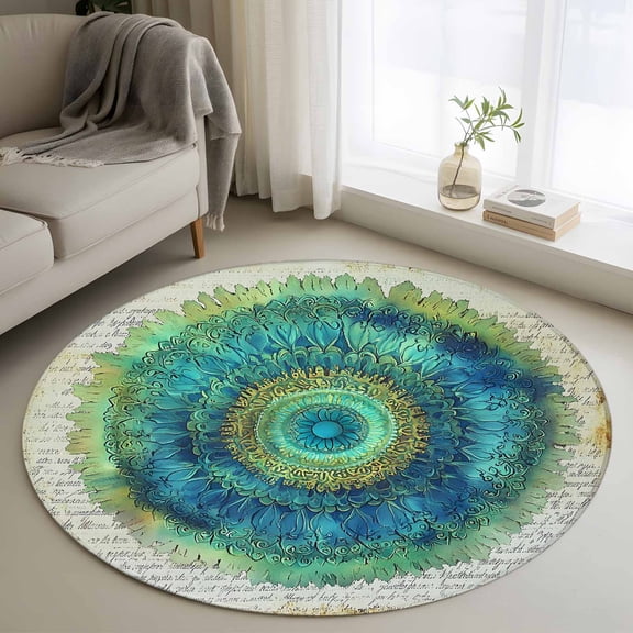 Round Rugs 4 Ft, Vintage Abstract Floral Non Slip Area Rugs for Kitchen Bedroom Entryway, Retro Teal Art Washable Carpet Runner Rug Floor Mats for Bedroom Home Decor