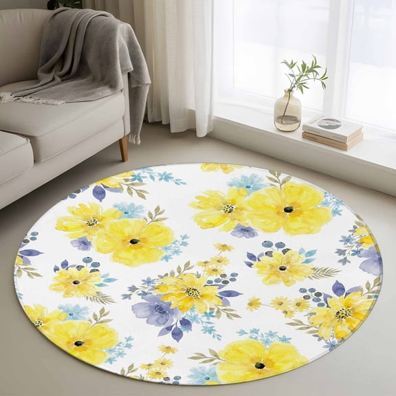 Round Rugs 4 Ft, Yellow Watercolor Floral Non Slip Area Rugs for Kitchen Bedroom Entryway, Spring Flower Abstract Art Washable Carpet Runner Rug Floor Mats for Bedroom Home Decor