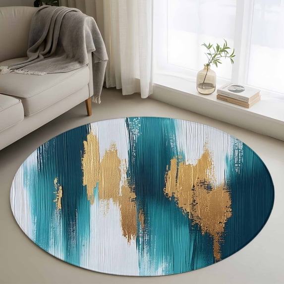 Round Rugs 4Ft, Abstract Teal Gold Round Area Rug Washable Indoor Throw Carpet, Green White Wall Art Textured Soft Non Slip Circle Rug for Kitchen Nursery Room Home Decor Aesthetic