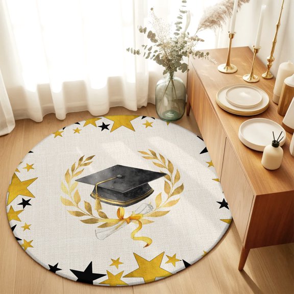 Round Rugs 4Ft, Academic Cap Diploma Round Area Rug Washable Indoor Throw Carpet, Modern Graduation Star Burlap Soft Non Slip Circle Rug for Kitchen Nursery Room Home Decor Aesthetic